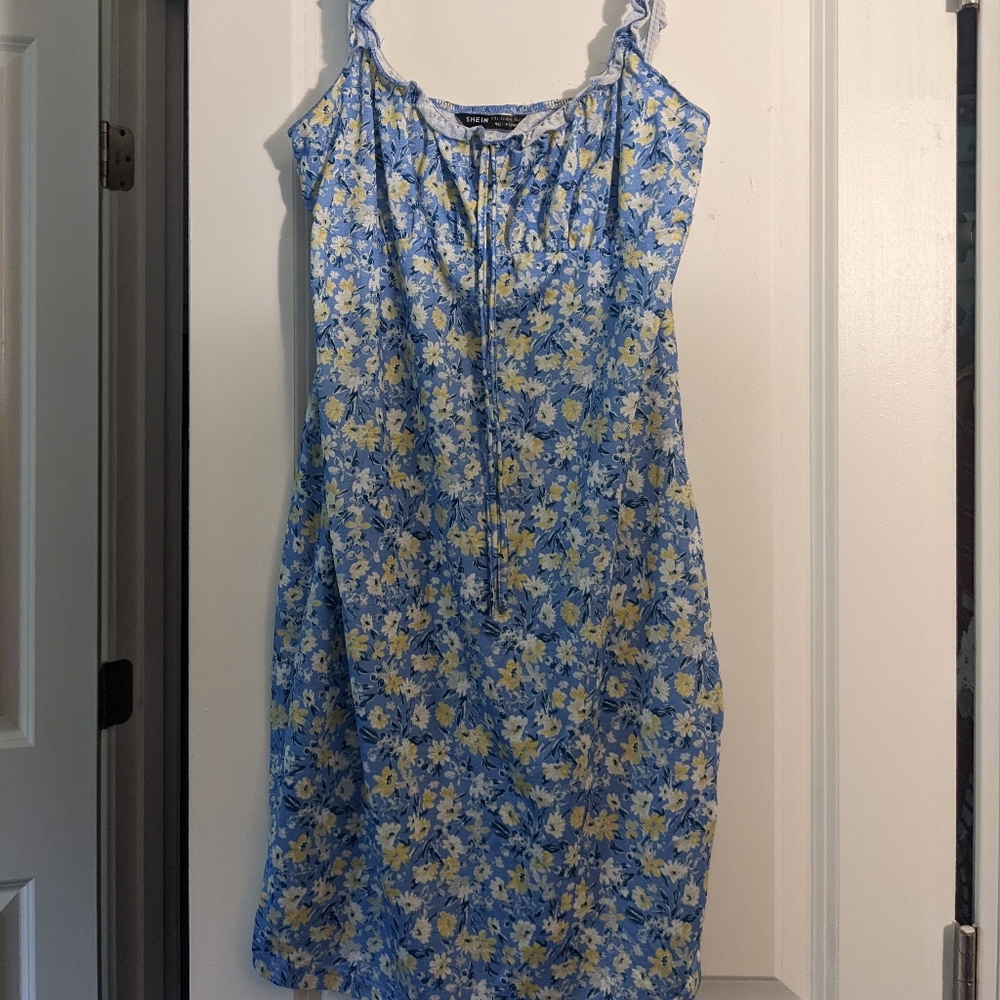 Shein, size L 8/10, blue dress with white and yellow flowers